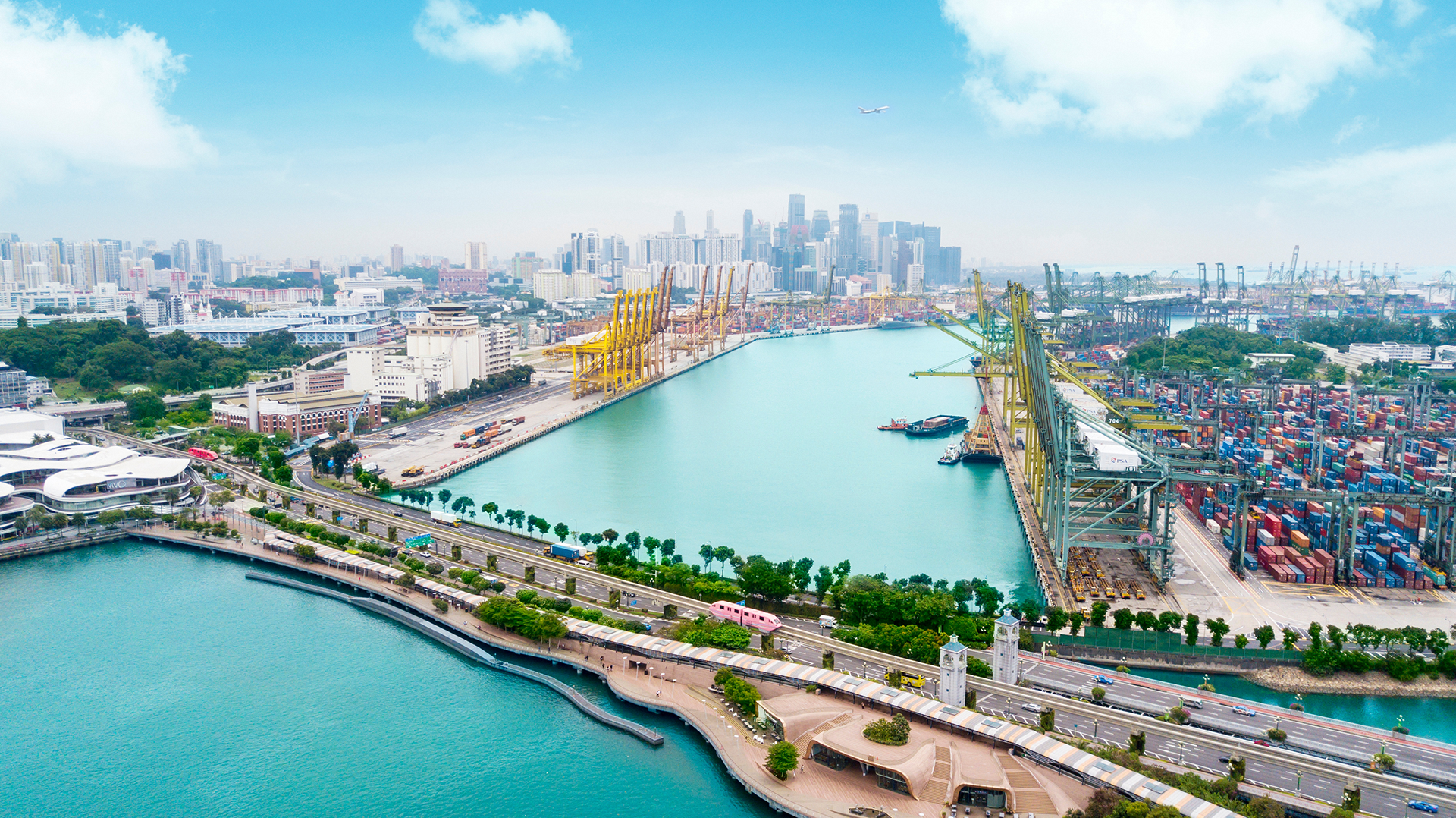Singapore skyline with connected land, air and sea transport network